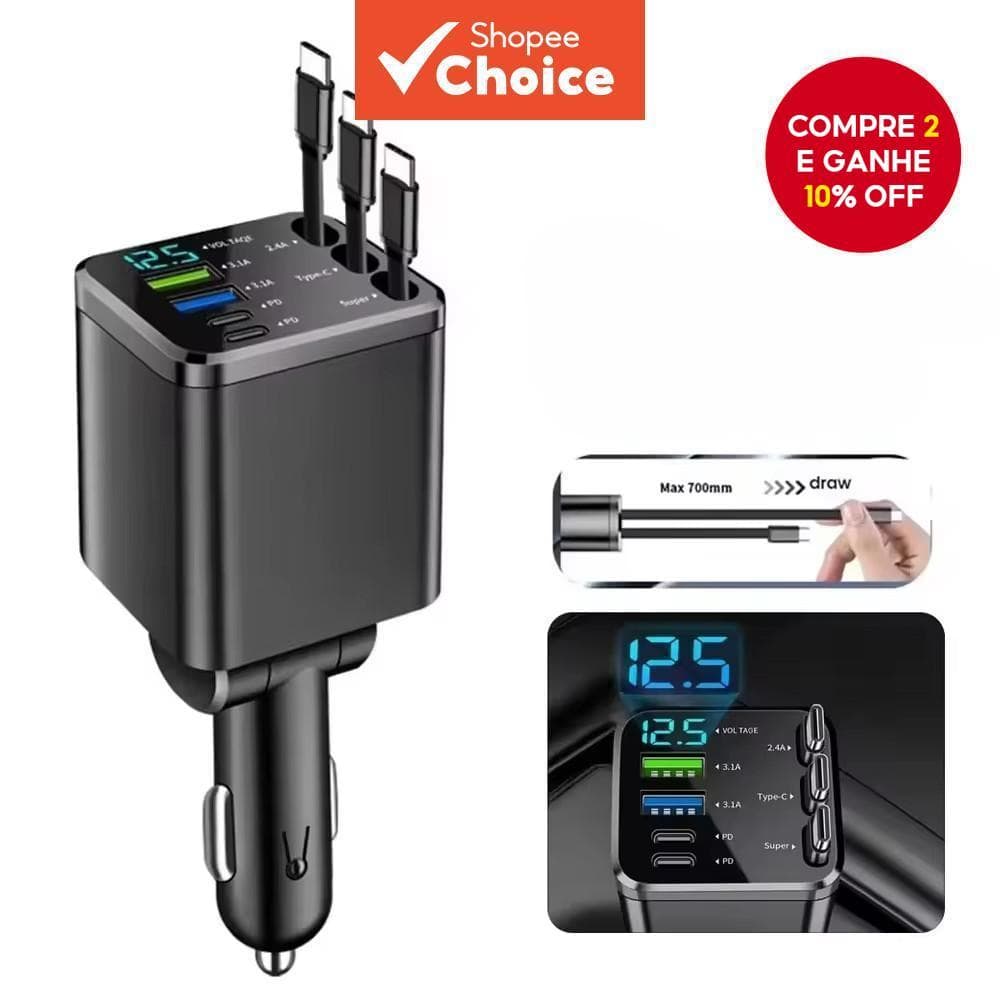  Carregador de carro para celular Type-C 7 em 1 com cabo de expansão, adaptador automotivo de carregamento rápido USBPD