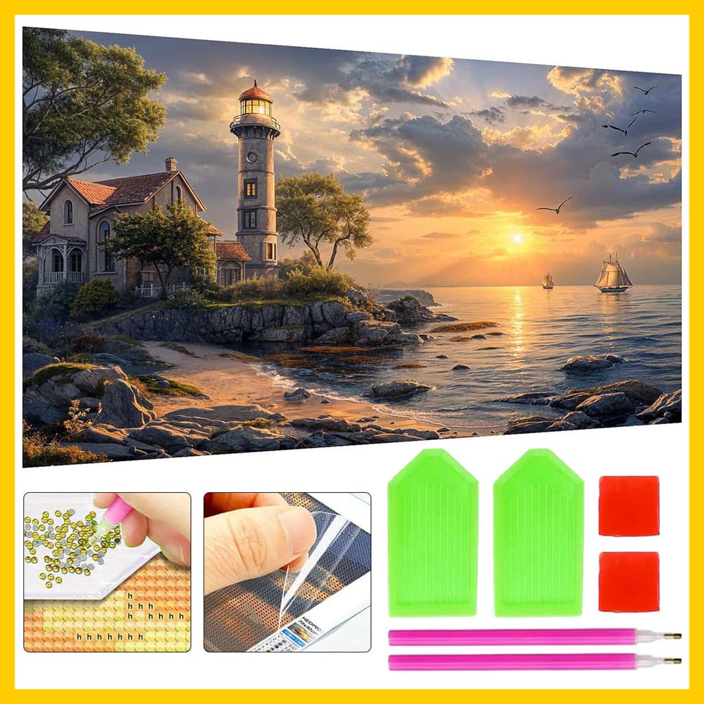 Conjunto farol pintura diamante redondo 70x40cm, pintura artística diamante 5D para crianças e adultos
