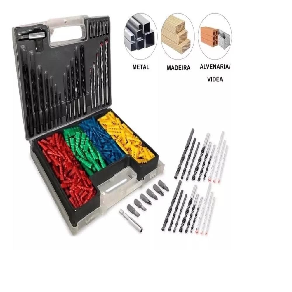 Jogo 300 Brocas Bits Pontas Buchas Colorida Kit Furadeira Furar E Fixar Completo