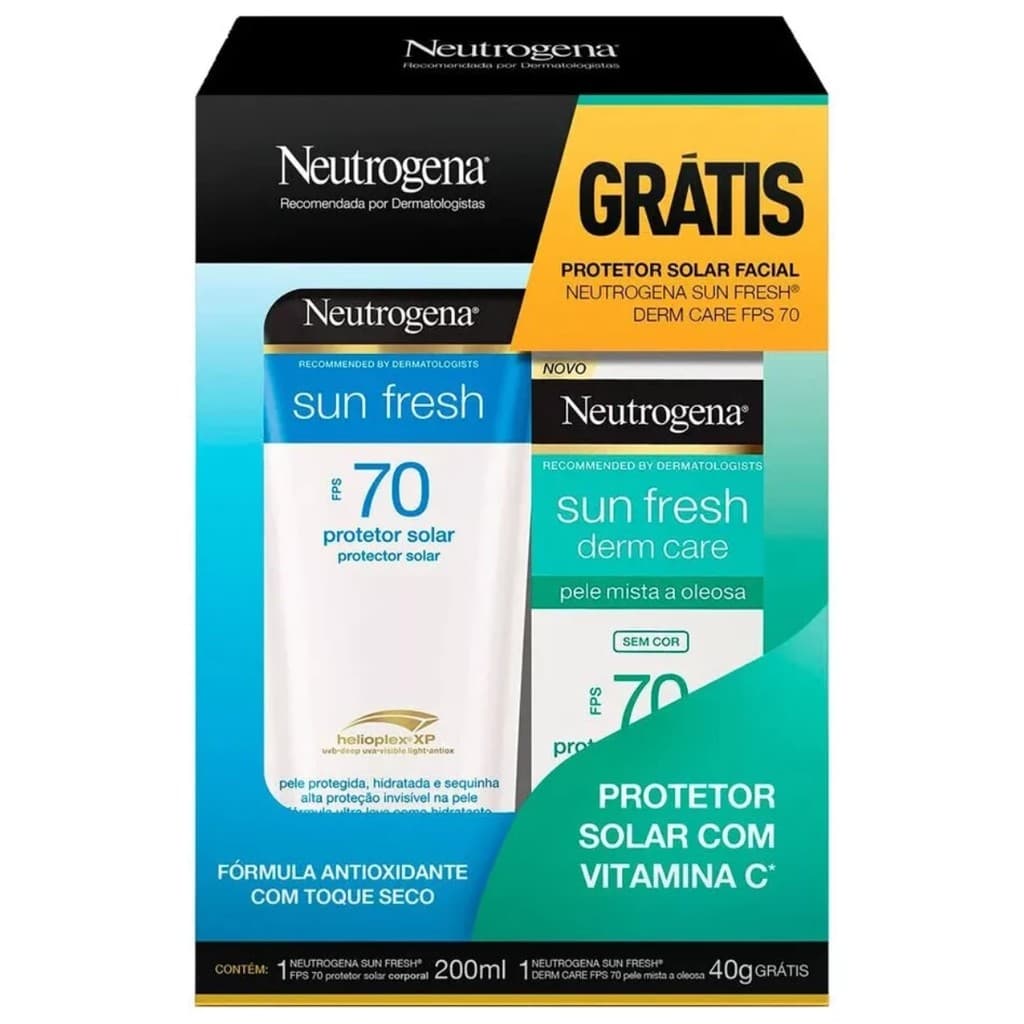 Kit Protetor Solar Neutrogena Sun Fresh Derm Care FPS 70 Facial e Corporal Alta Proteção Uso Diário Exposição ao Sol