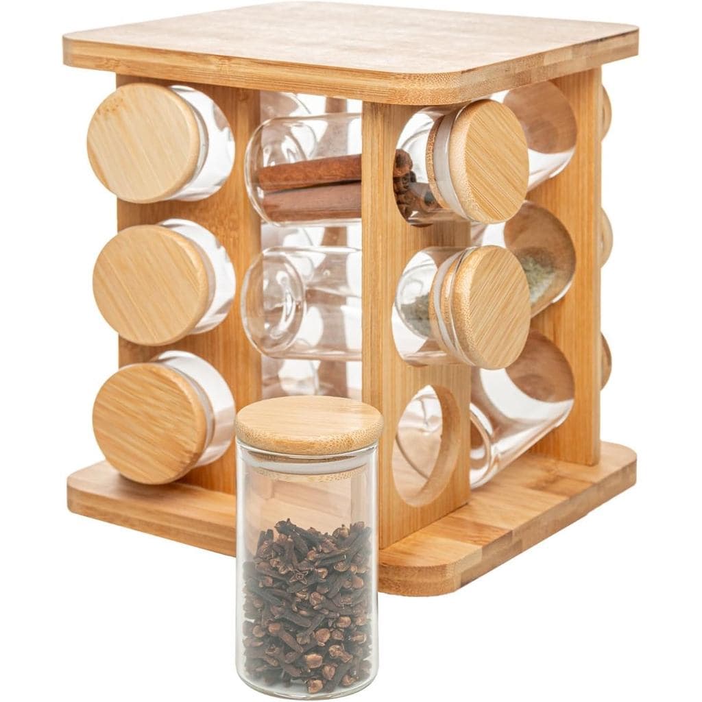 Porta Tempero com12 Potes Para Temperos de bambu Condimentos Com Tampa Dosadora Suporte giratório 360 80 ml