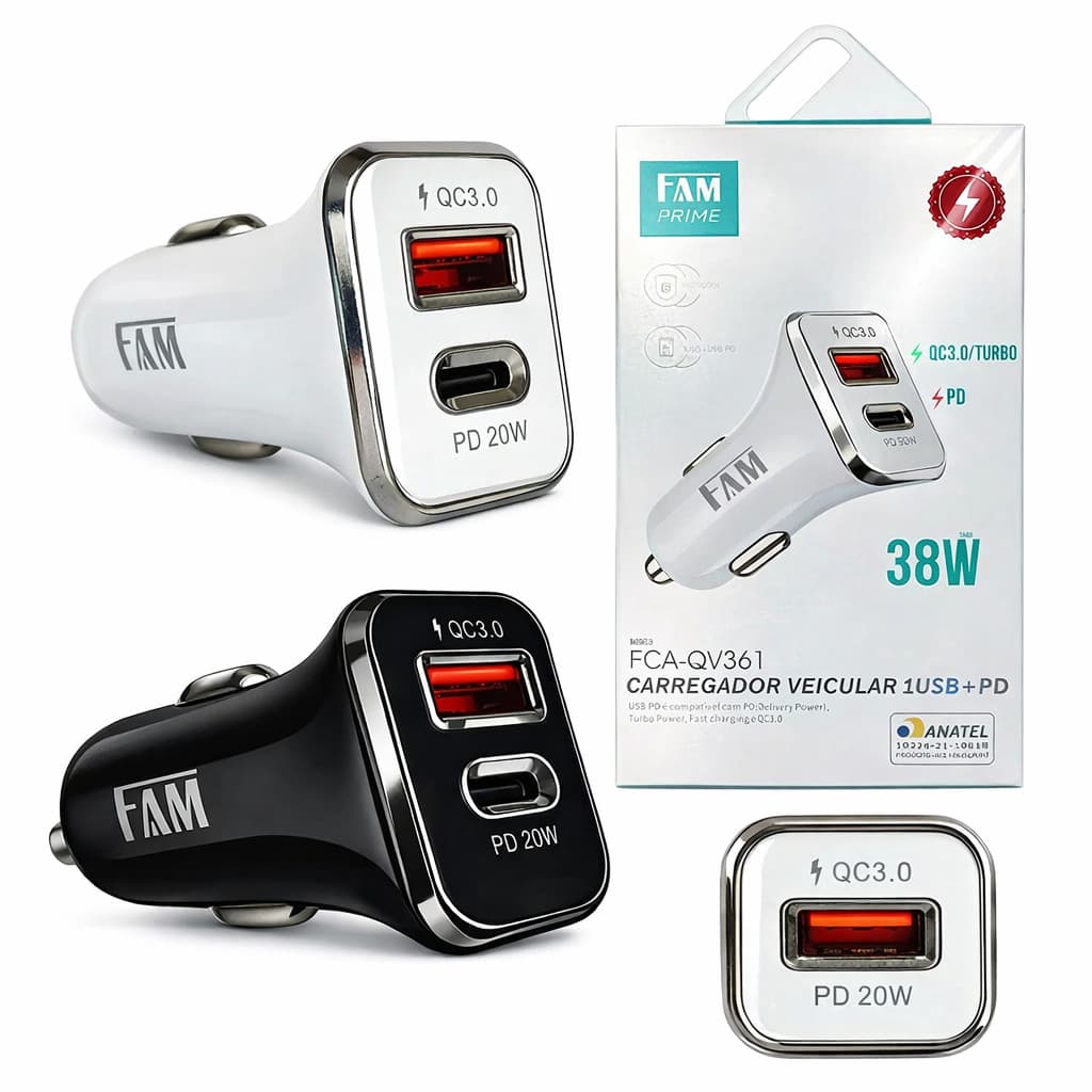 Carregador Veicular FAM Turbo 38w Duplo USB E USB-C Tipo C