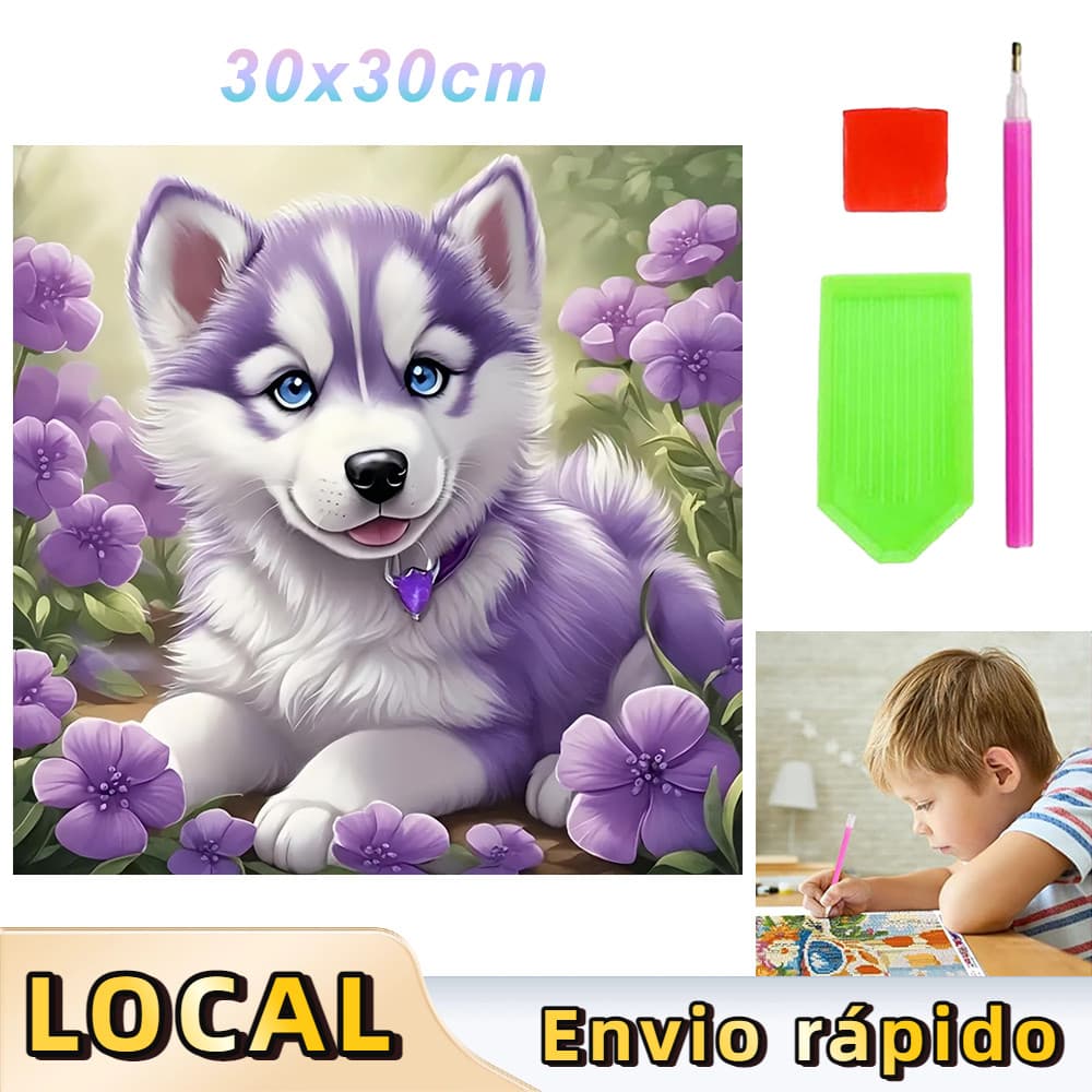 Kit Completo de Pintura de Diamante 5D Quadrada 30x30cm, Arte Terapêutica Anti-Stress,Cachorro roxo