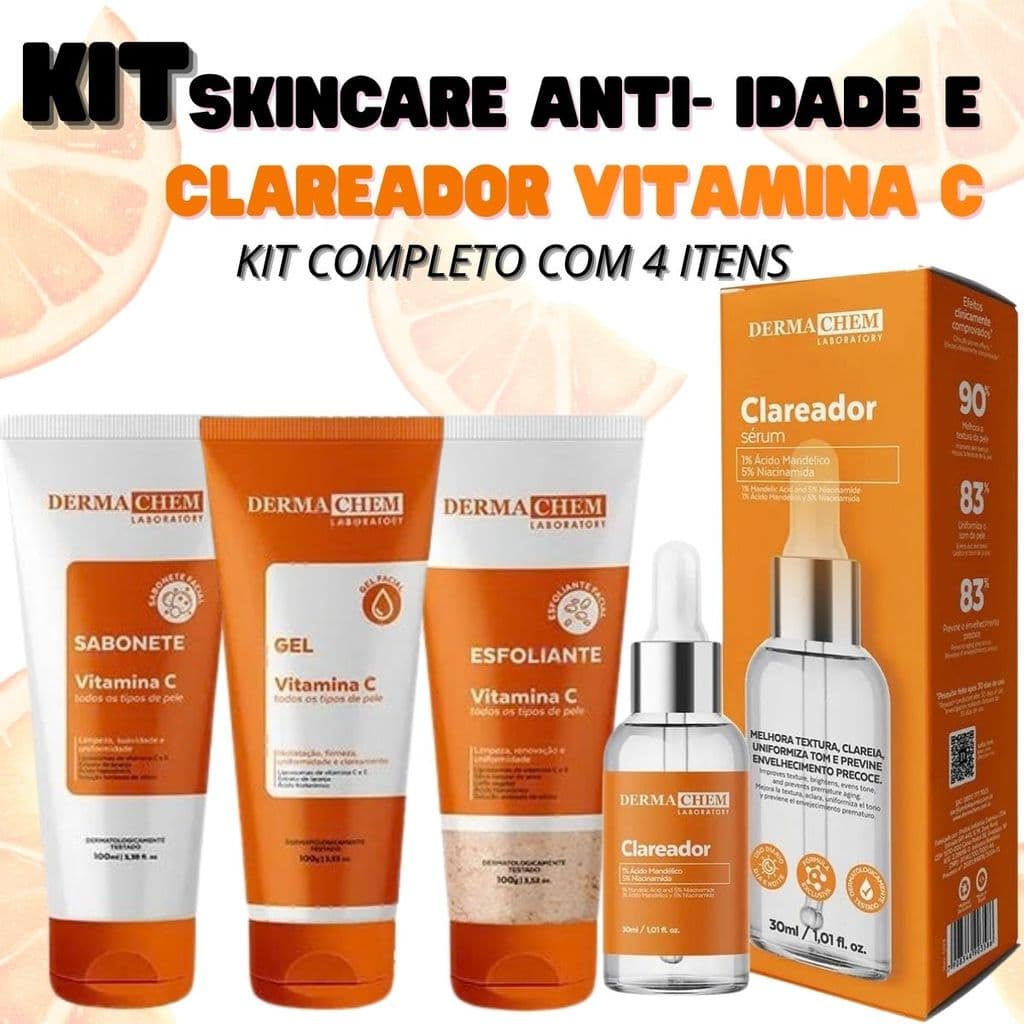 Kit 4 Itens Skincare Vitamina C Dermachem Clareador, Anti-idade, Anti-manchas Pele Iluminada