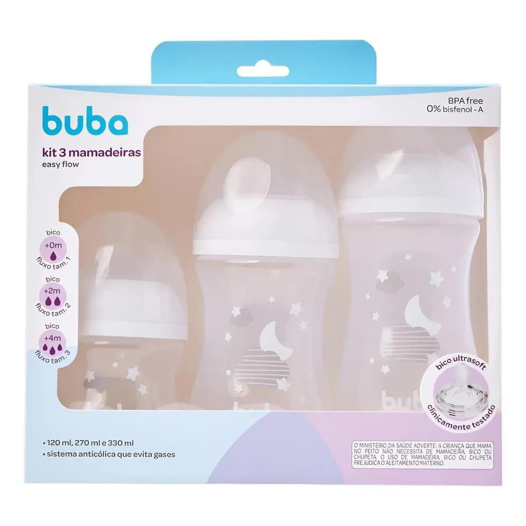 Kit 3 Mamadeiras Buba Easy Flow Anticólica Nuvem Branca