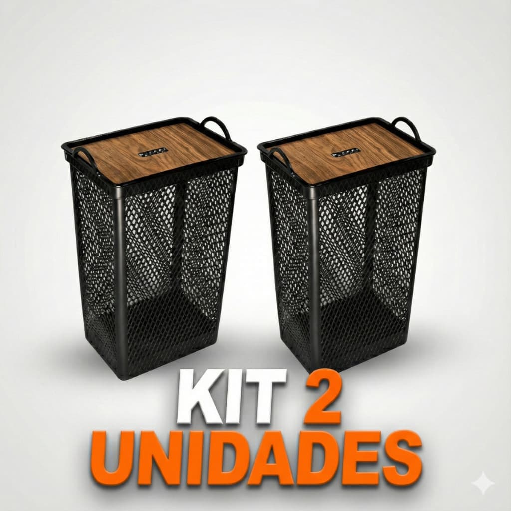 Cesto Organizador 49 Litros Telado Tampa Madeira - Banheiro e Lavanderia 1 ou 2 Unidades