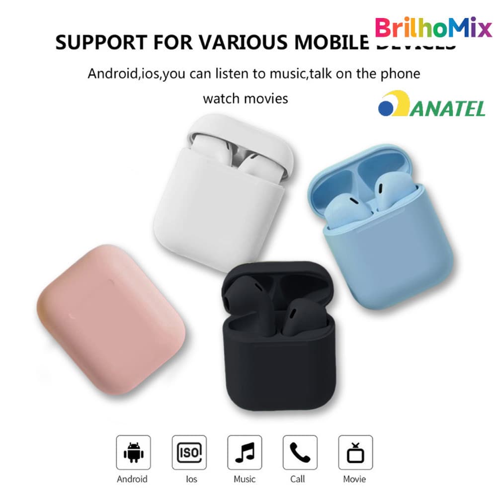 Fone de ouvido embutido sem fio Bluetooth i12 Tws Macaron