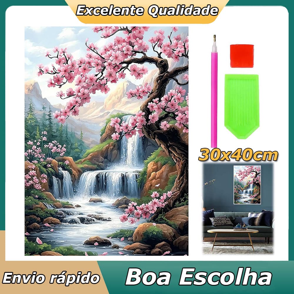 Kits Quadrado de pintura de arte de 5D diamante de Montanha com flores de cerejeira para adultos iniciantes 30x40cm