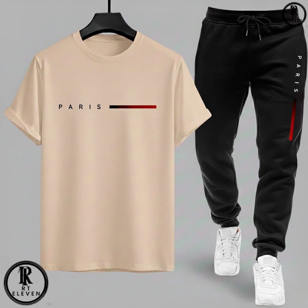 Kit Conjunto Camiseta e Calça moletom Moda masculina camiseta casual Paris + calça Moletom Com bolso