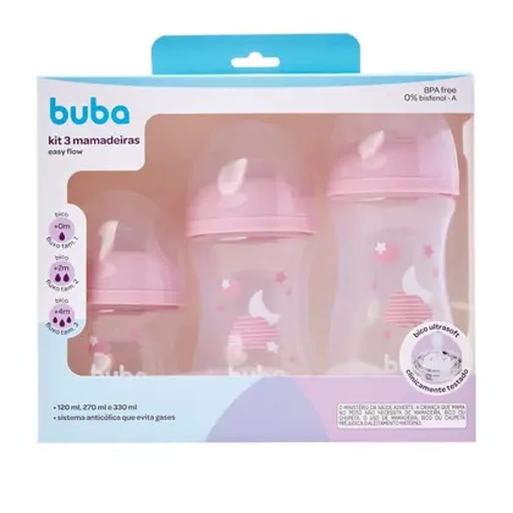 Buba Kit 3 Mamadeiras Anticólicas Easy Flow Nuvem Rosa 120ml, 270ml e 330ml