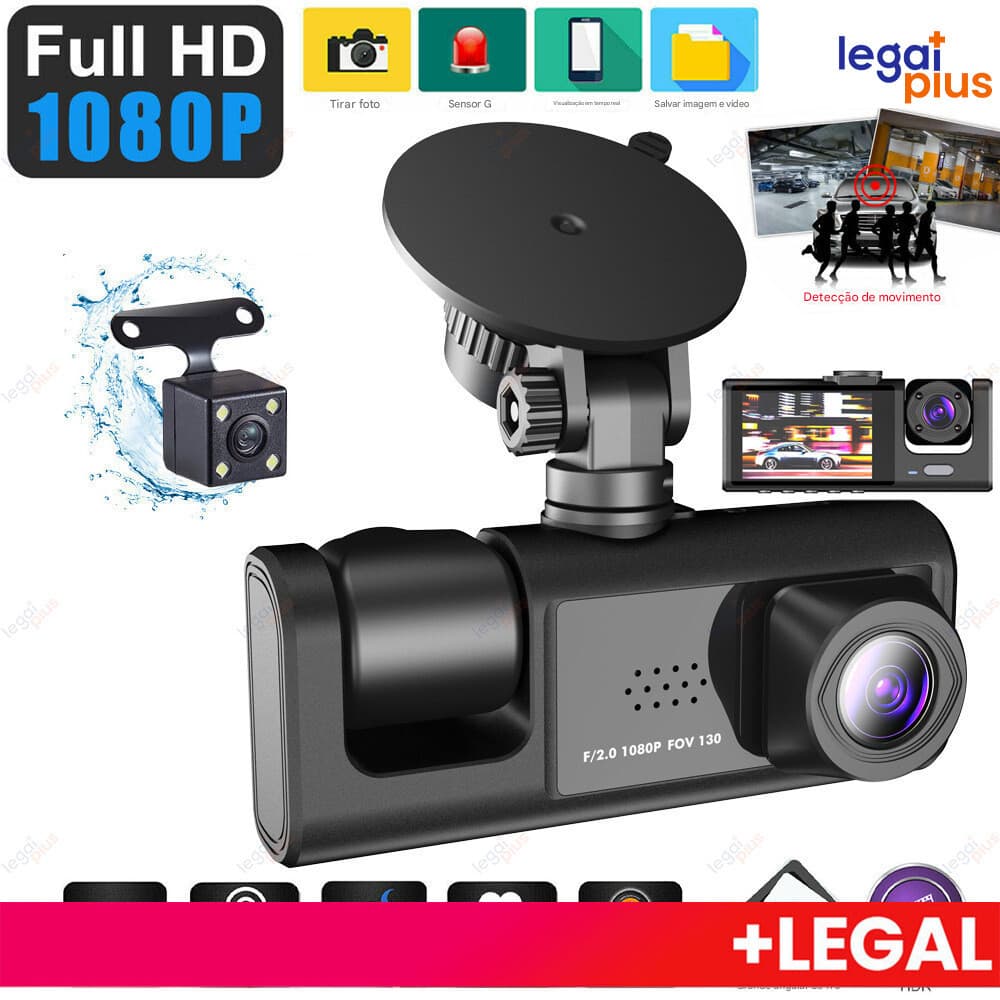 Espelho Retrovisor Dashcam WiFi 3 Lentes 64GB, Gravação HD 1080P Frente e Traseira, Monitoramento 24h