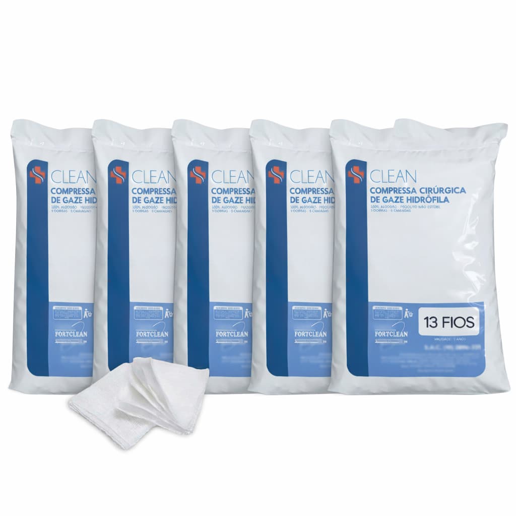 Kit 5 Pacotes de Compressa de Gaze Hidrófila 13 Fios 240g Clean Curativo Hospitalar Não Estéril Primeiros Socorros