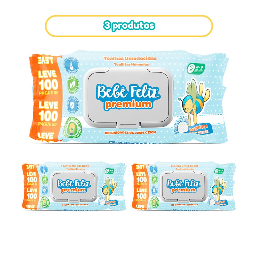 KIT 3 LENÇOS UMEDECIDO PREMIUM BEBÊ FELIZ 300 FOLHAS 