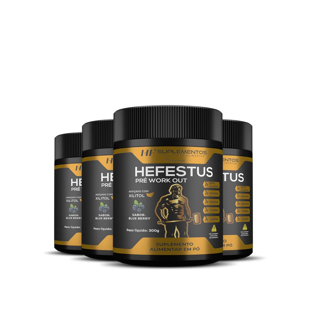 4x HEFESTUS PRE TREINO HF SUPLEMENTOS 300G SABOR BLUEBERRY