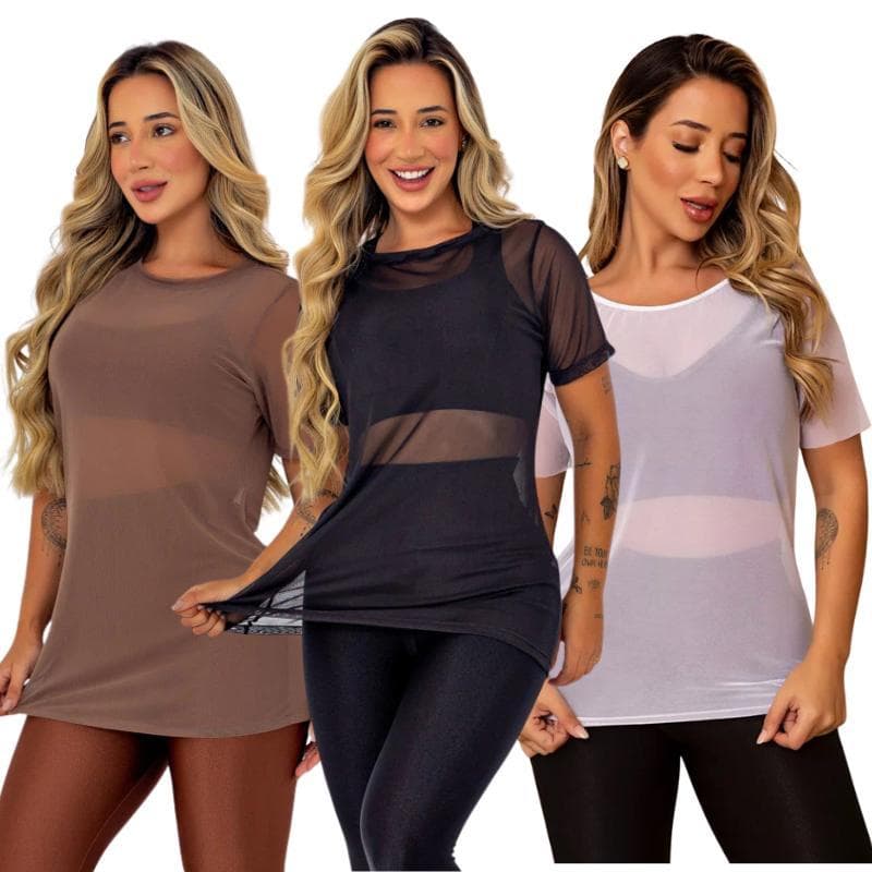 Kit 2 Blusinha Blogueira Feminina Transparente Tule Manga Curta Camiseta Treino Fitness Musculação
