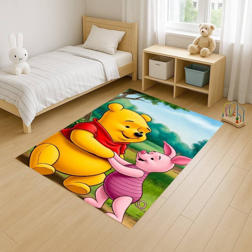 Tapete Retangular 100x140 Antiderrapante Infantil Ursinho Po Amarelo Tigr4o Família Quarto Sala Decoração Alegre
