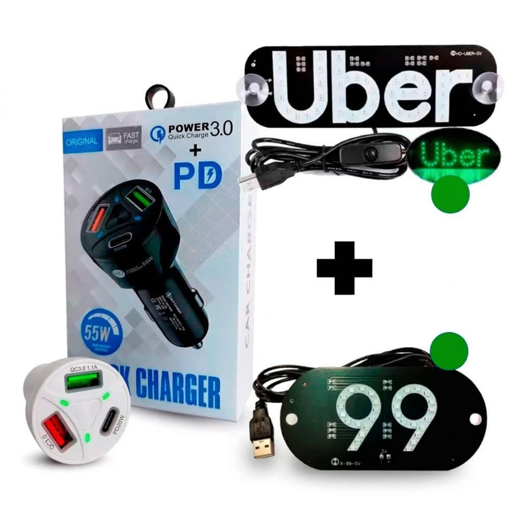 Kit Placa Led Motorista Aplicativo UBER Azul + Carregador Veicular Turbo USB 3.0 e USB-C