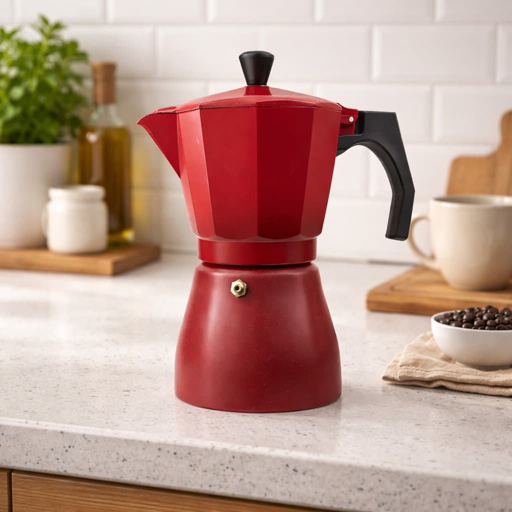 Cafeteira Italiana Moka Alumínio Vermelha  6 Xícara Café Expresso Fogão Cozinha