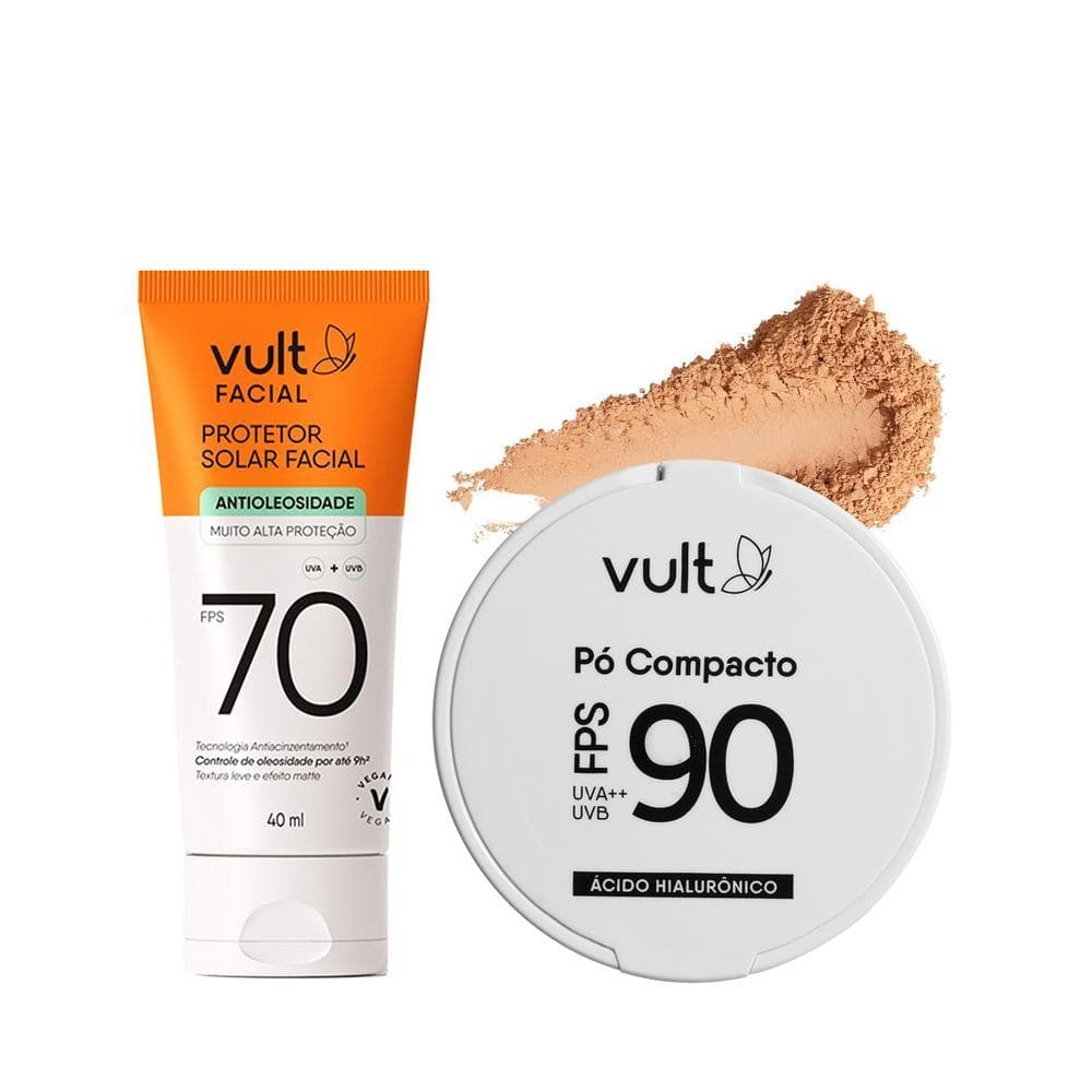 Combo Vult Proteção Facial: Protetor Solar Facial FPS 70 40ml + Pó Compacto Facial Médio Claro FPS 90 6g