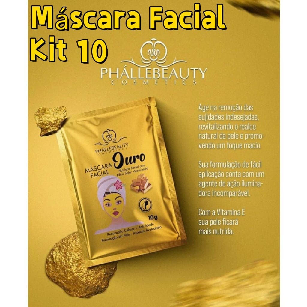 Máscara Facial Ouro Phállebeauty 10g - Anti-idade, Iluminadora e Vitamina E