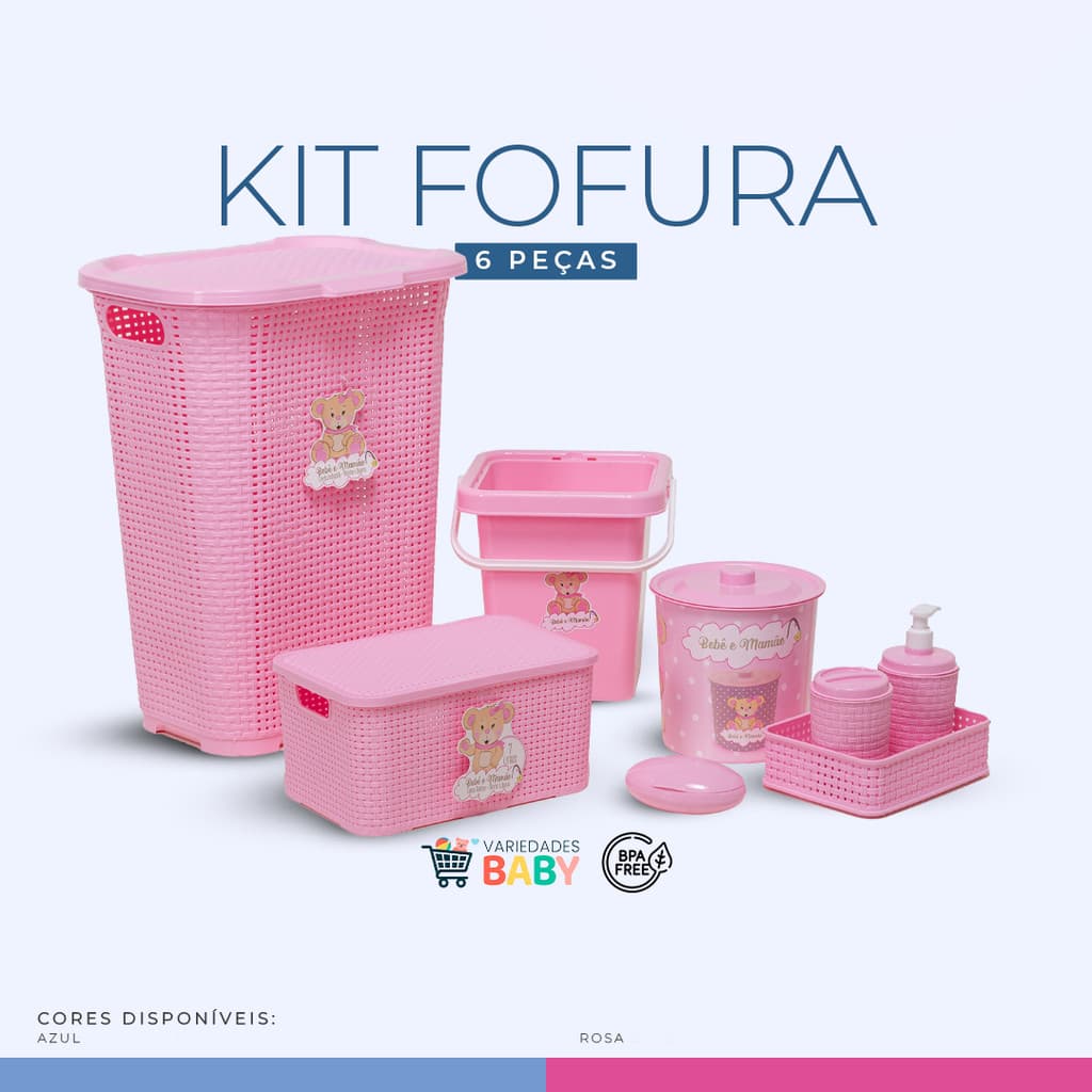 Kit Fofura 6 Peças Cesto 30L Balde 7L Lixeira Redonda Caixa Organizadora Kit Higiene e Saboneteira