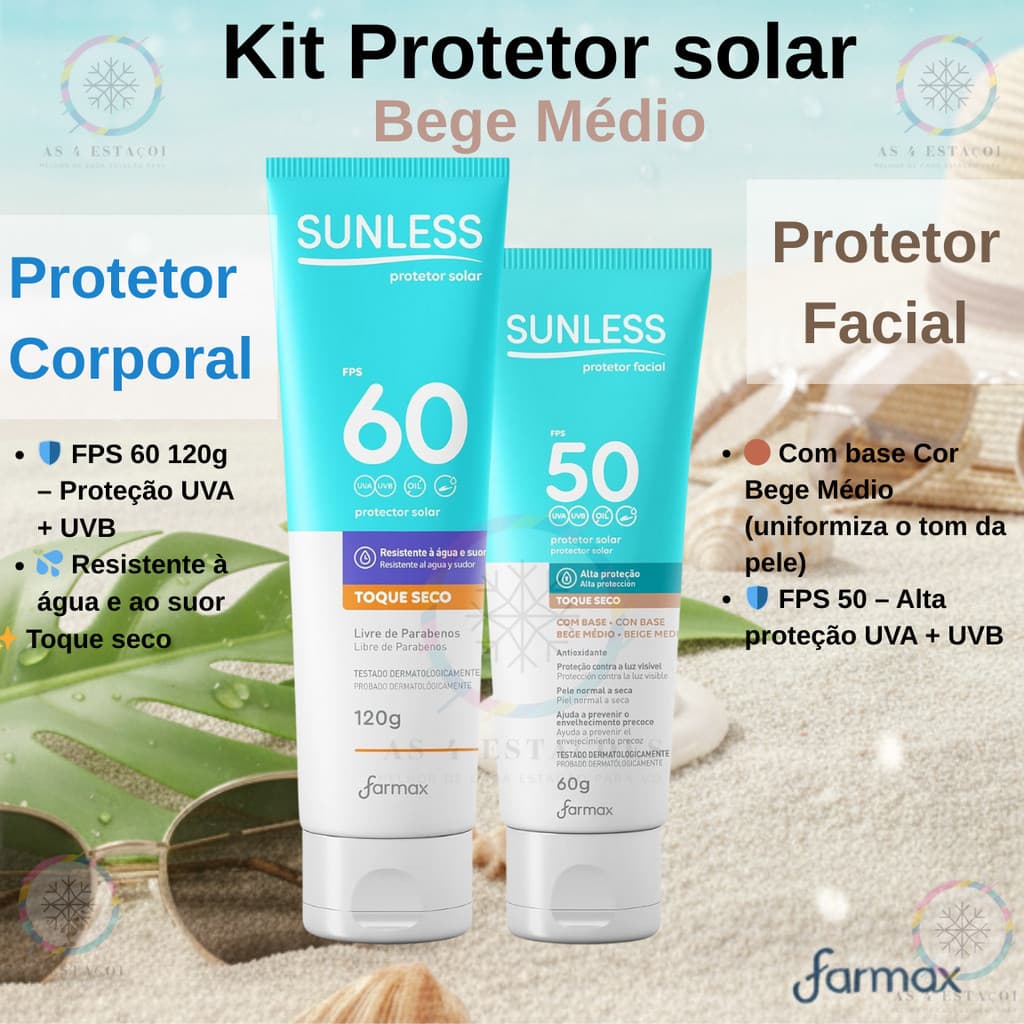 Kit Protetor Solar Fps 60 120g + Protetor Solar Facial Bege Médio