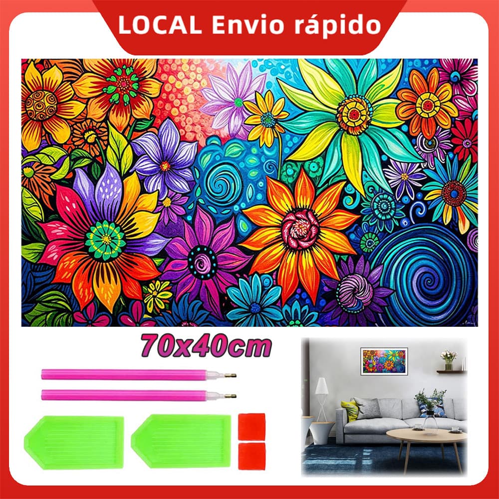 Conjunto Terapêutico Pintura de Diamante 5D 70x40cm Quadrada, Kit Anti-Stress Completo,flores coloridas