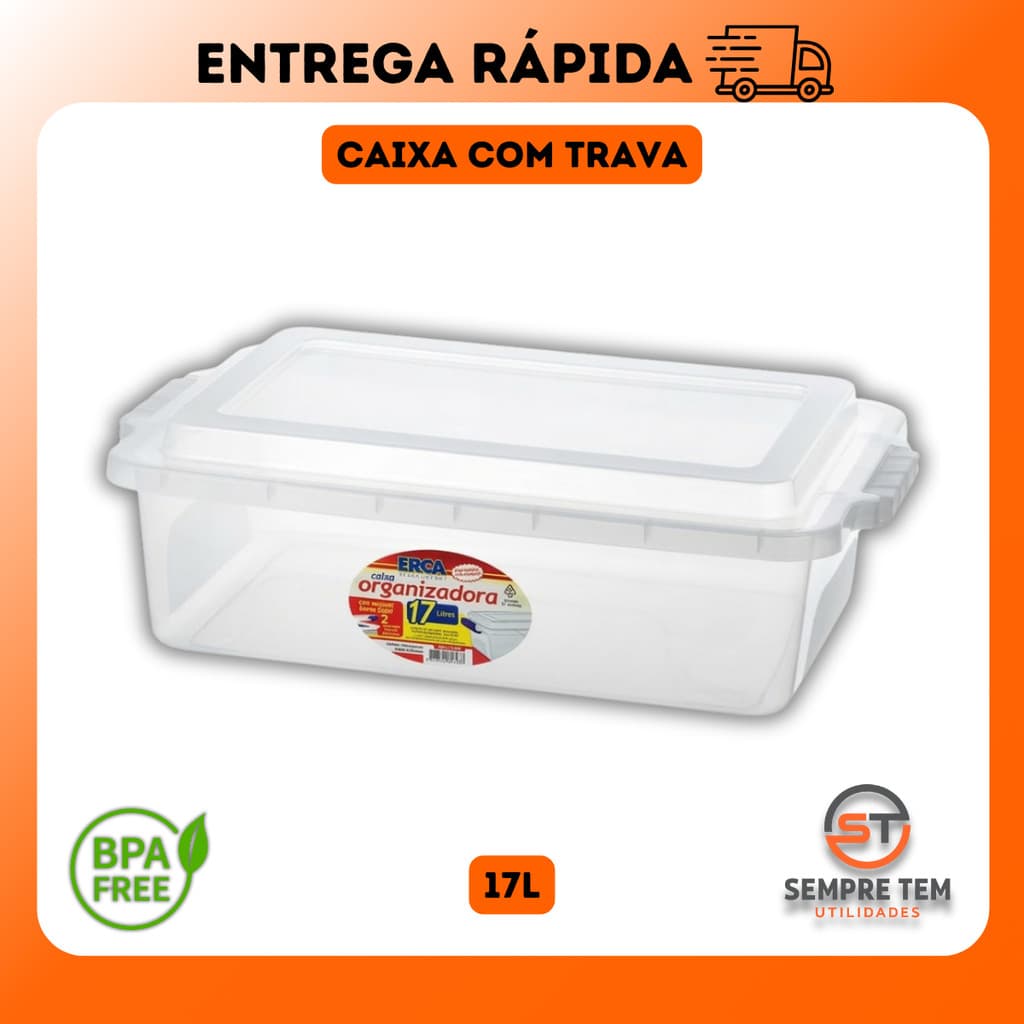 Caixa Baixa Organizadora Com Trava Tampa 17 Litros Multiuso Resistente Casa Cozinha Alimentos