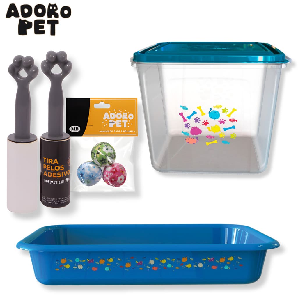 Kit Gato Completo Caixa de Areia Bandeja Sanitária Porta Ração e Removedor de Pelos