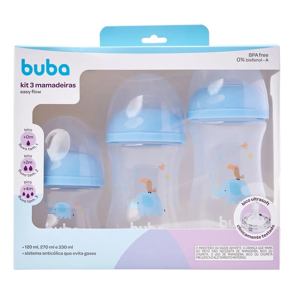 Buba Kit 3 Mamadeiras Anticólicas Easy Flow Elefante Azul 120ml, 270ml e 330ml