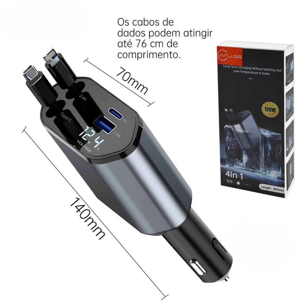 Carregador Veicular 4 em 1 Retrátil 120W c/ Display de Voltagem – USB + USB-C + Type-C + iPhone (12V/24V) 180°  anjgg