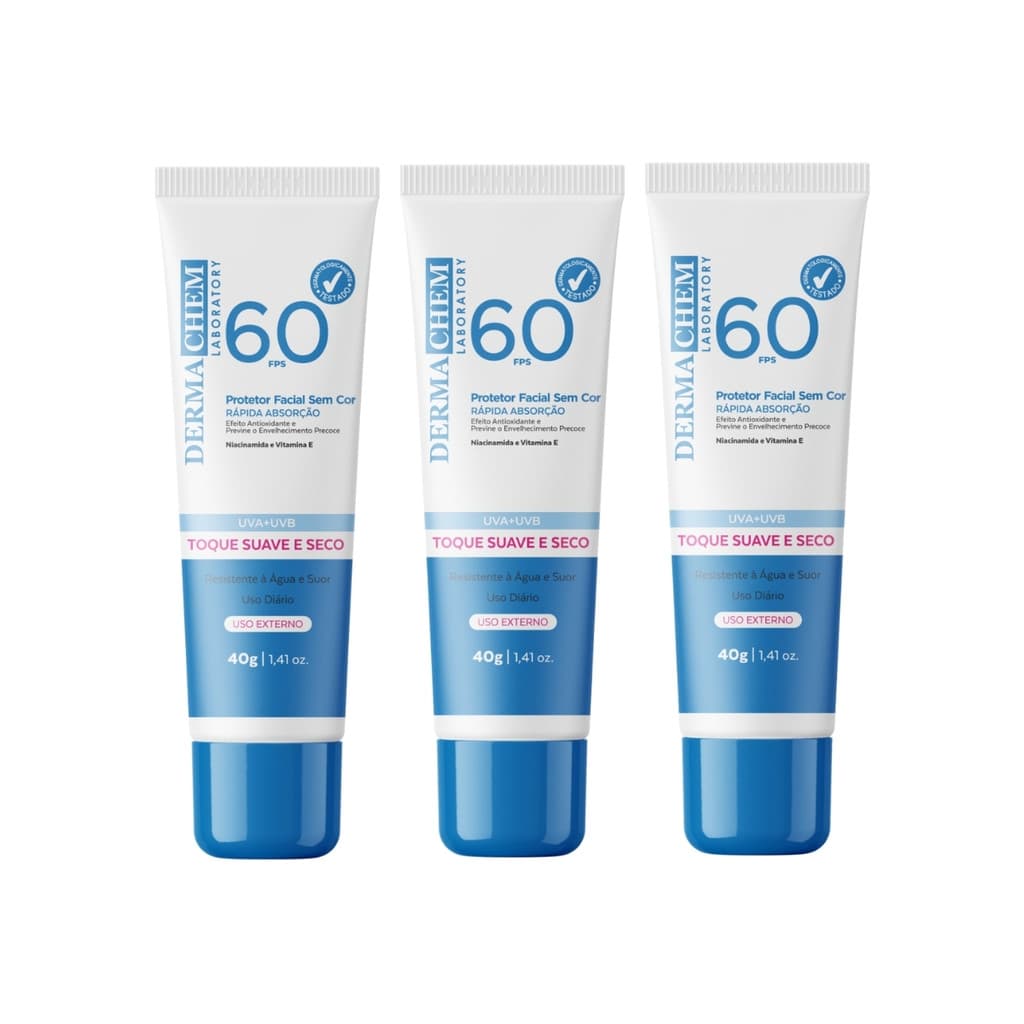 Kit 3 Protetor Solar Facial Toque Seco 60fps Dermachem