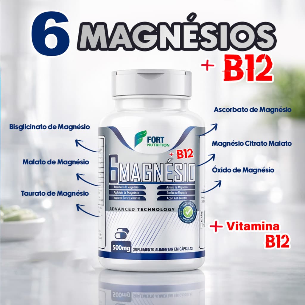6 Magnésios + B12 Metilcobalamina – 120 Cápsulas por Pote Original. Energia, Foco. Envio Imediato