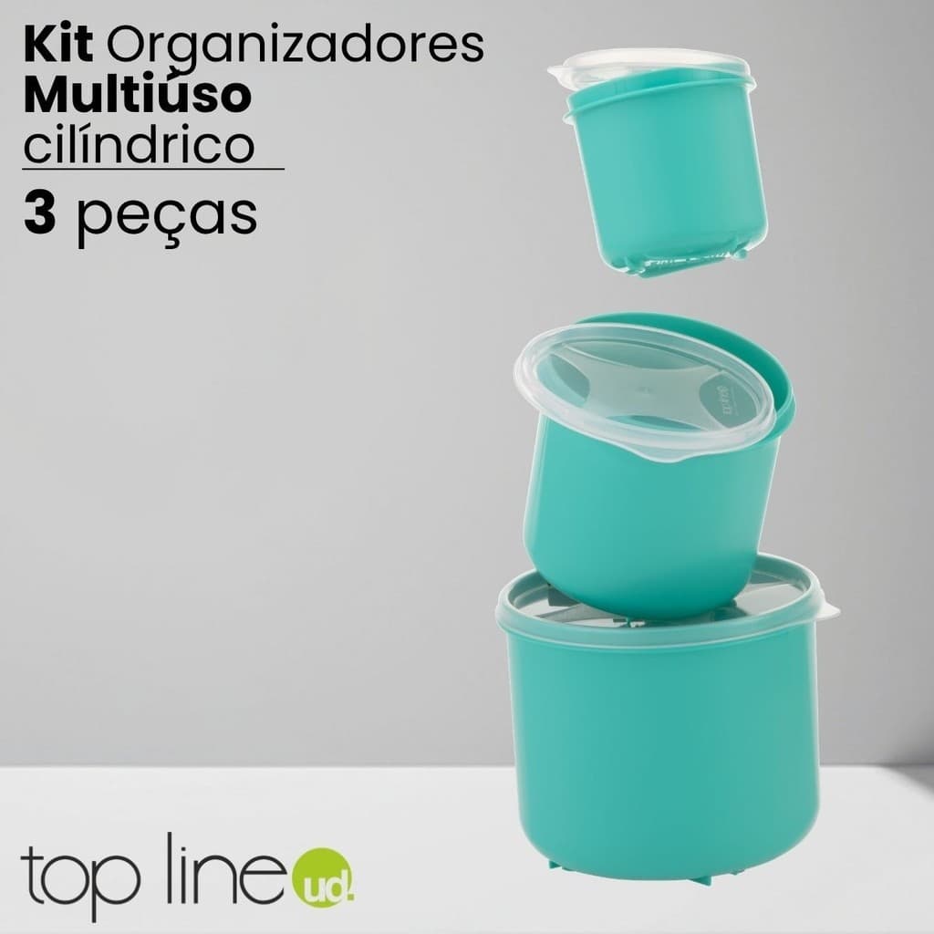Kit 3 Organizadores Cilíndricos BPA Free Três tamanhos Pote de Plástico Multiuso p/ Cozinha Top Line