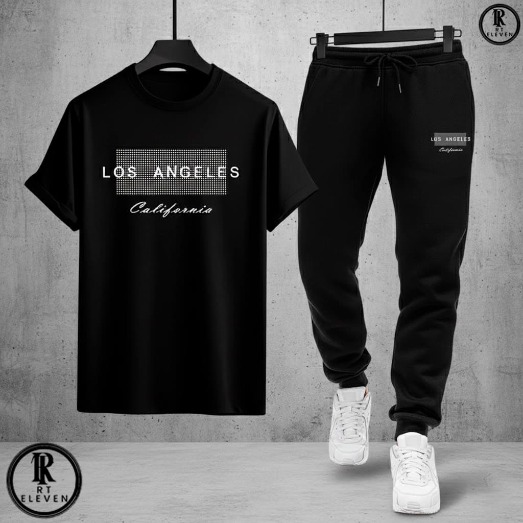 Kit Conjunto Los Angeles Camiseta e Calça moletom Moda masculina camiseta Malha Algodão + calça Moletom Com bolso ART