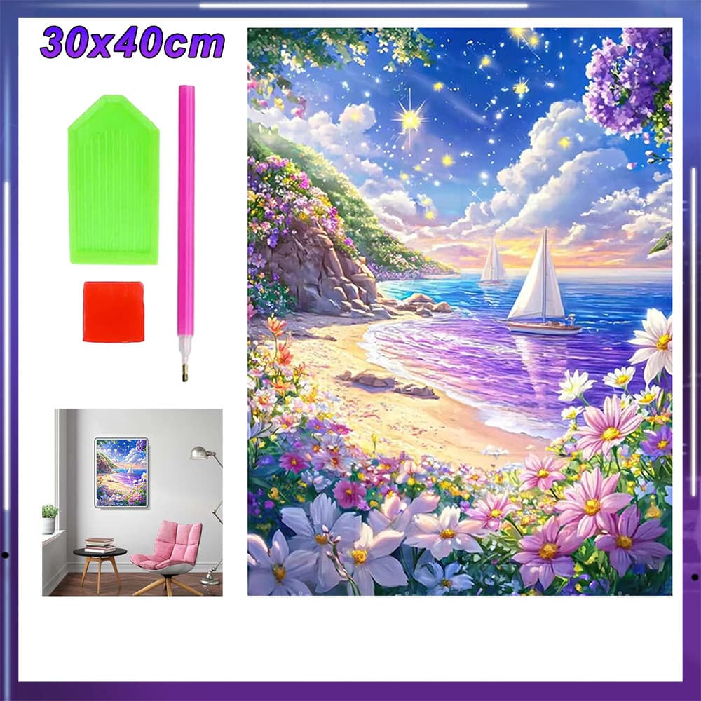 Kit Completo de Arte com Diamantes 5D 30x40cm, Pintura Quadrada Decorativa para Presentear,veleiro