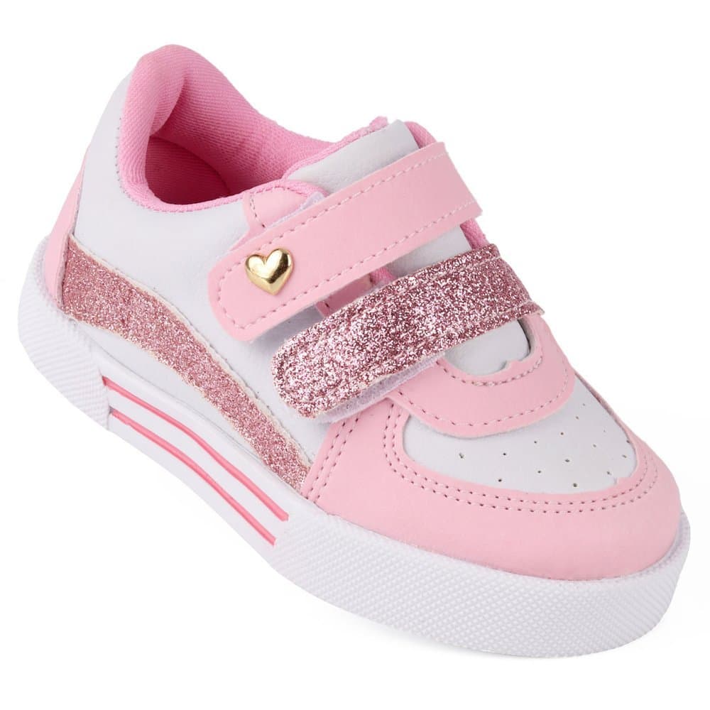 Tênis Infantil Menina Bee Happy Nina Branco e Rosa Glitter Calce Fácil Velcro Duplo Confortável