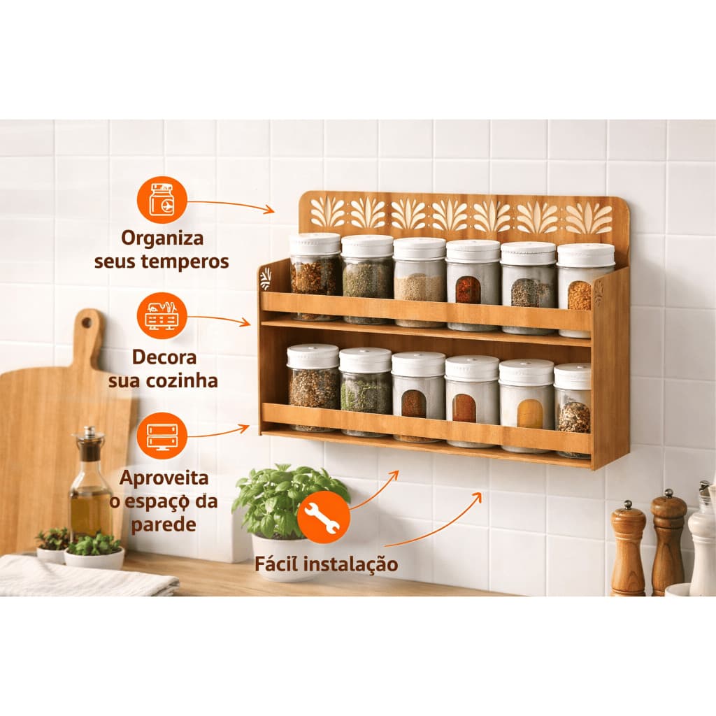Porta Temperos Condimentos  MDF Mesa e Parede  – Organizador de Temperos Decorativo para Cozinha