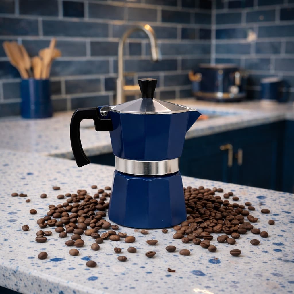 Cafeteira Italiana Moka Alumínio Azul 3 Xícara Café Expresso Fogão Cozinha