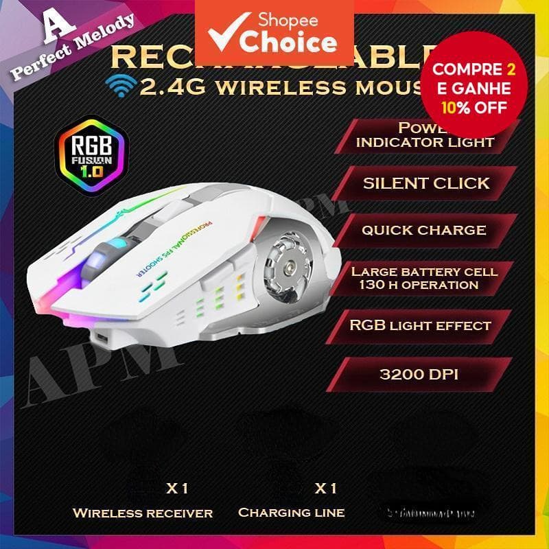 Mouse De Carregamento Sem Fio Silencioso Para Jogos , Fofo Mecânico RGB Laptop , PC , Escritório , Estudo