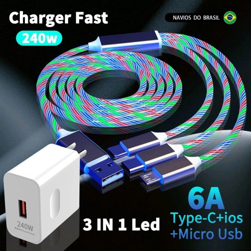 Carregador Rápido De 240 W Com Cabo USB De Luz Fluida LED 3 Em 1 Para Cabos De Carregamento Tipo C Micro IOS Streamer Wi