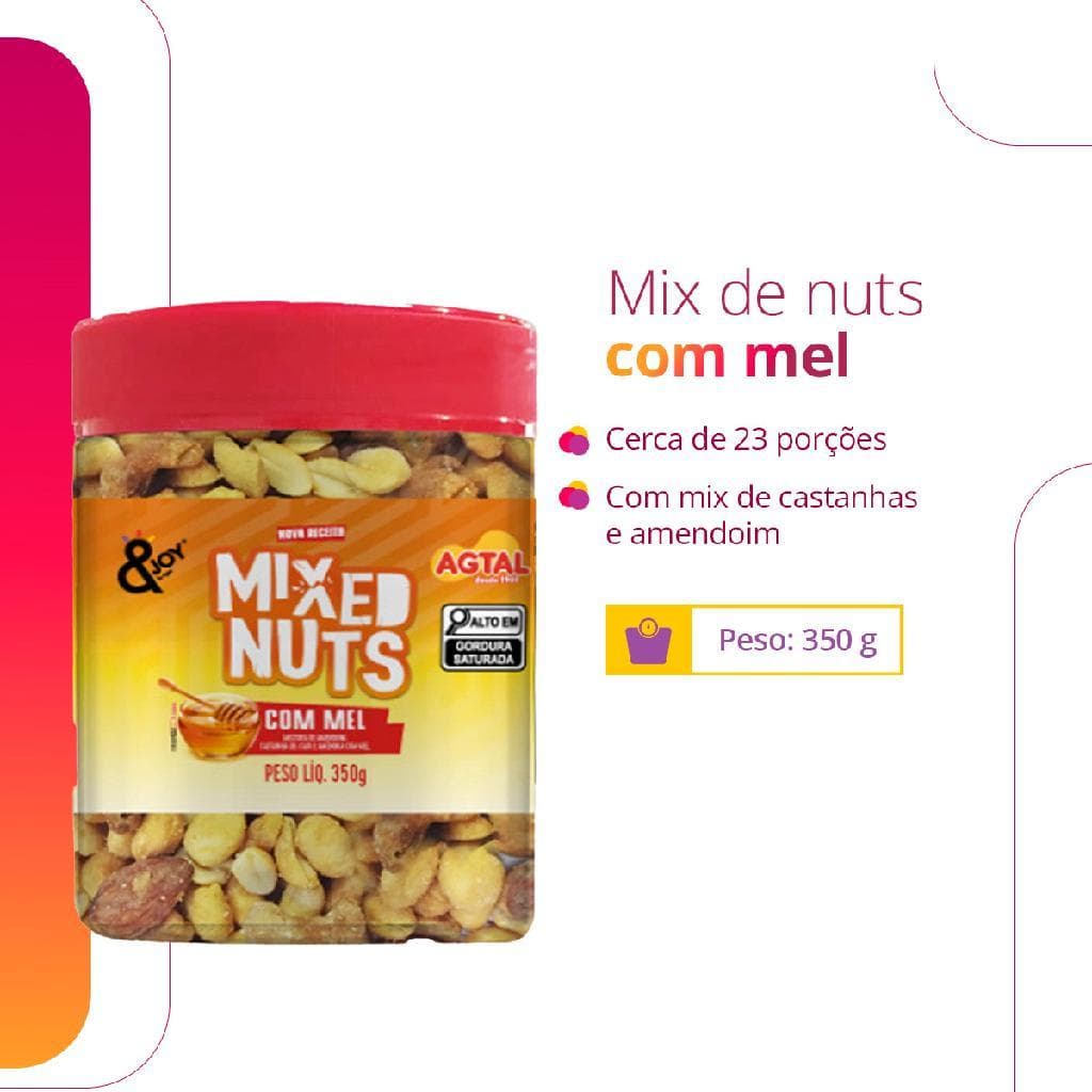 Mix Nuts Agtal 350g Castanha de Caju Amendoim Amêndoa com Mel Snack Crocante Lanche Saudável