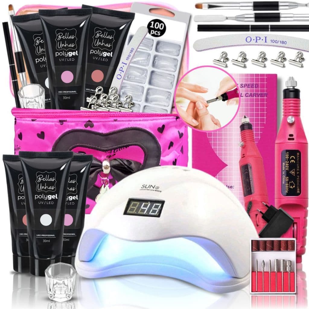 Kit de Alongamento de Unha Polygel Poligel COmpleto Cabine Sun Lixa Elétrica Molde F1 + Bolsa  | Envio Imediato