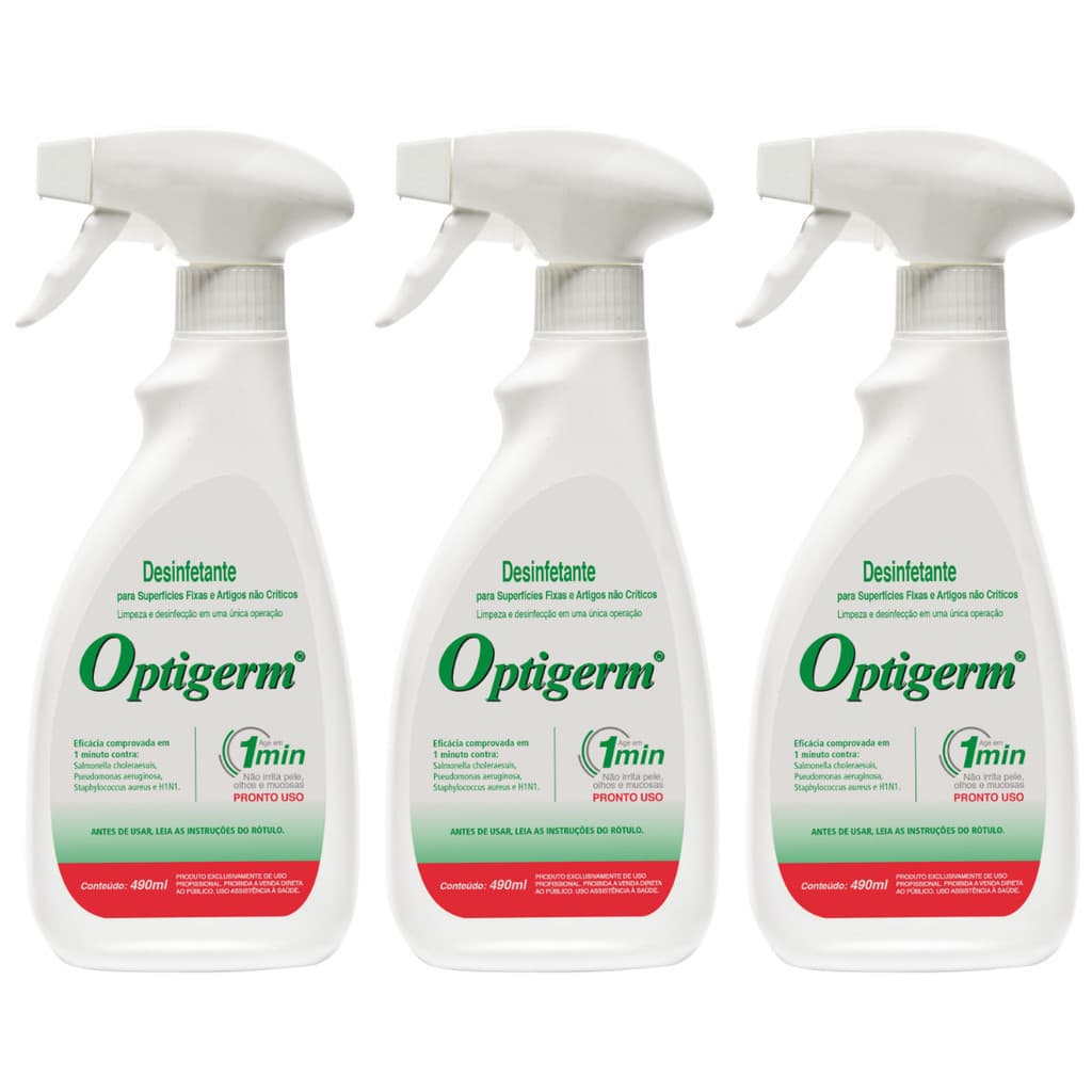 3x desinfetante hospitalar optigerm pronto uso bactericida para clinicas e consultórios kit 490ml