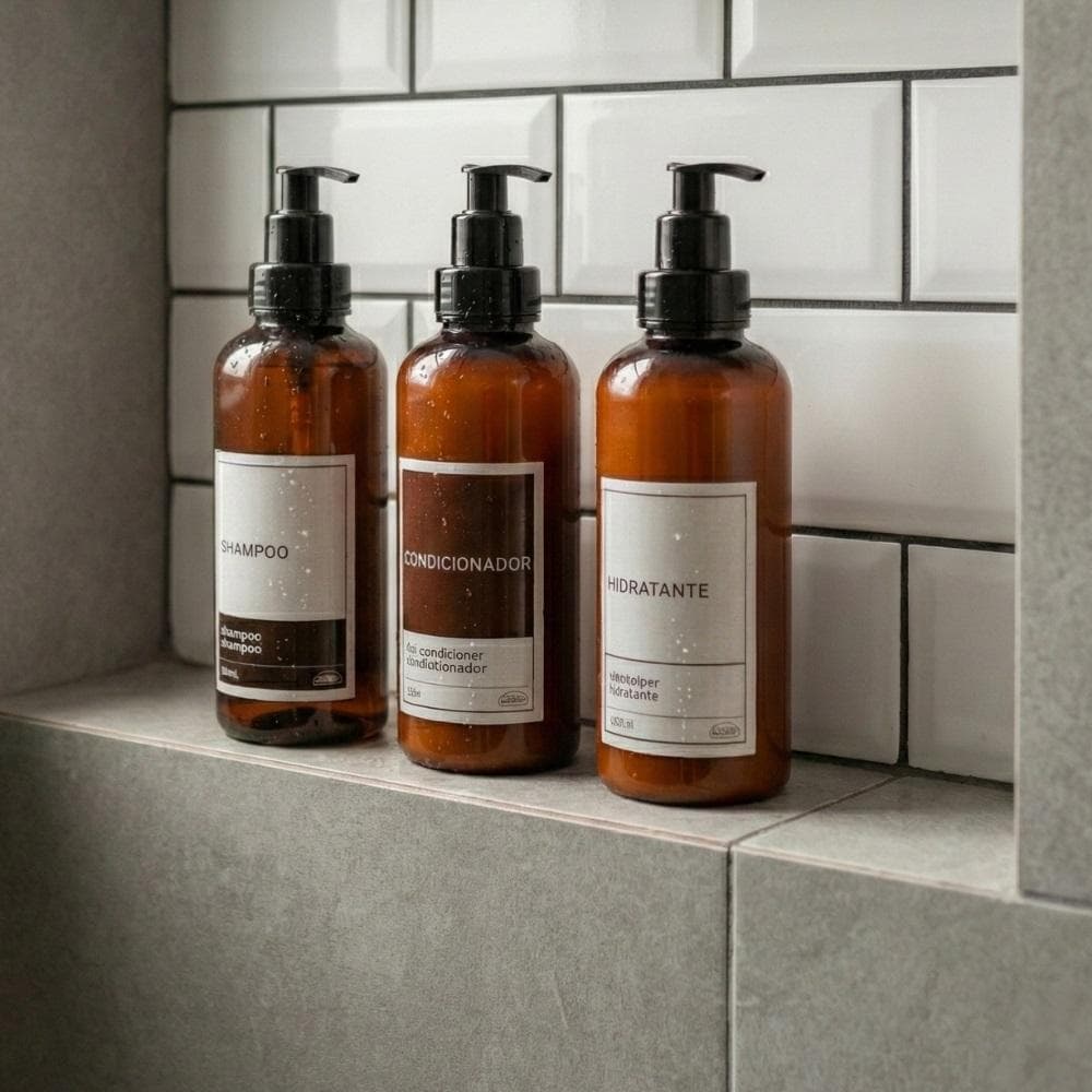Kit 3 Frascos Banheiro Shampoo Condicionador Hidratante Organizador Nicho Box Dispenser com Válvula Pump Plasútil