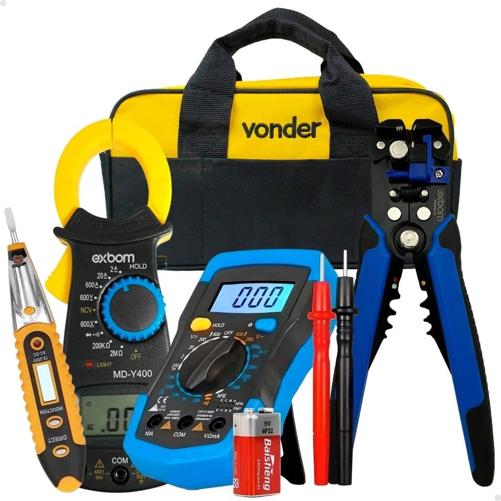 Kit Alicate Amperímetro Multímetro Digital LCD Detector de Tensão Bolsa Alicate Desencapador