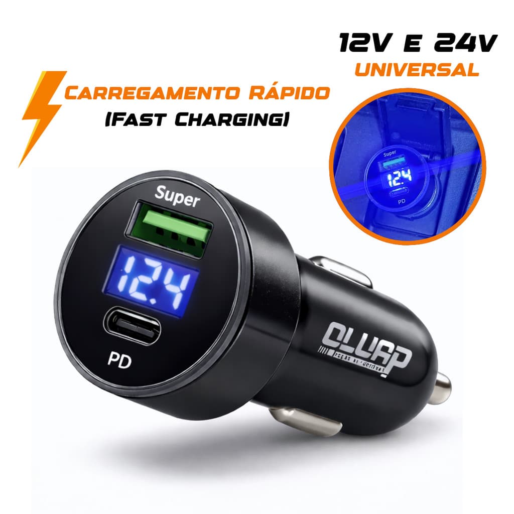 Carregador Rápido Celular Carro Caminhão USB/ USB-C -12V/24V