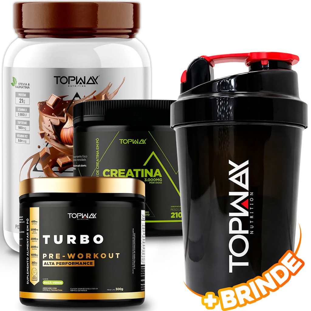TopWay Whey Protein 100% 900g Chocolate Com Avela + Creatina 210g + Pré Treino Workout Turbo 300g