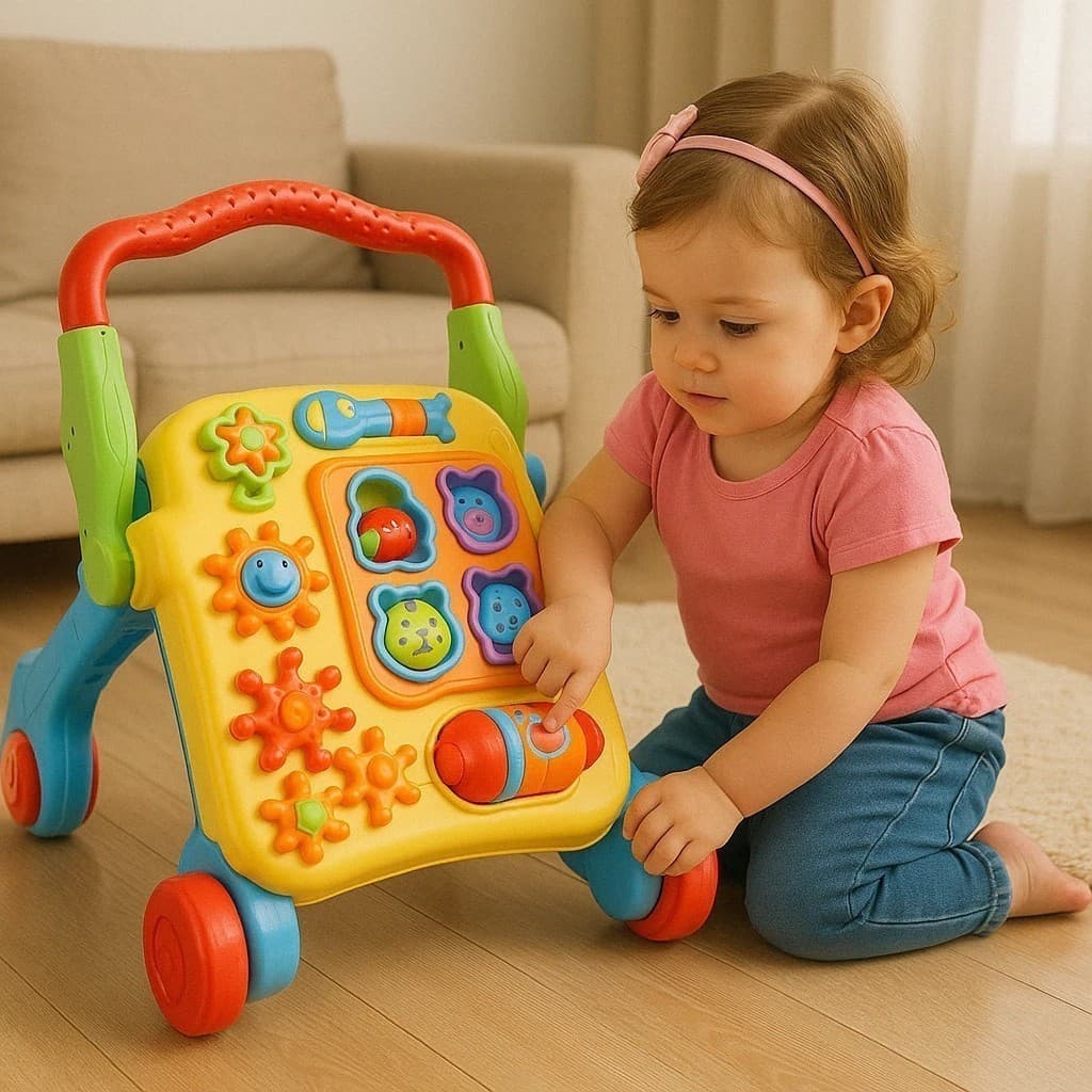 Andador mesa didático quatro em um musical apoio empurrador brinquedo bebê primeiros passos