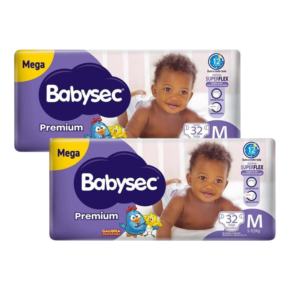 2 Pacotes - Fralda BabySec Premium Galinha Mega M 2x32 Unidades –Elásticos suaves